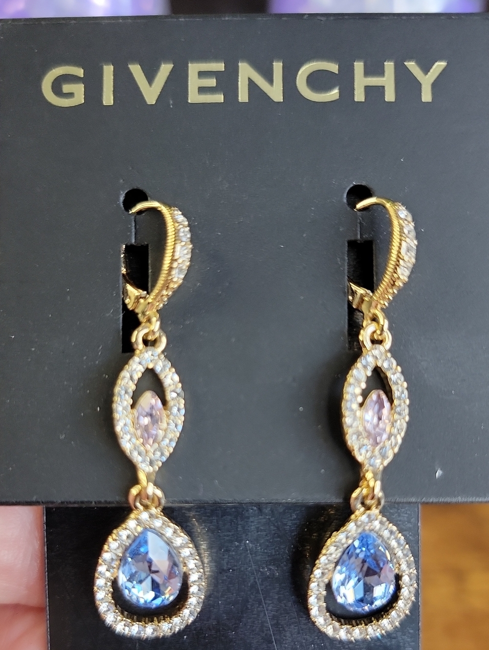 Givenchy Gold Drop Earrings with Blue and Light Pink Stones